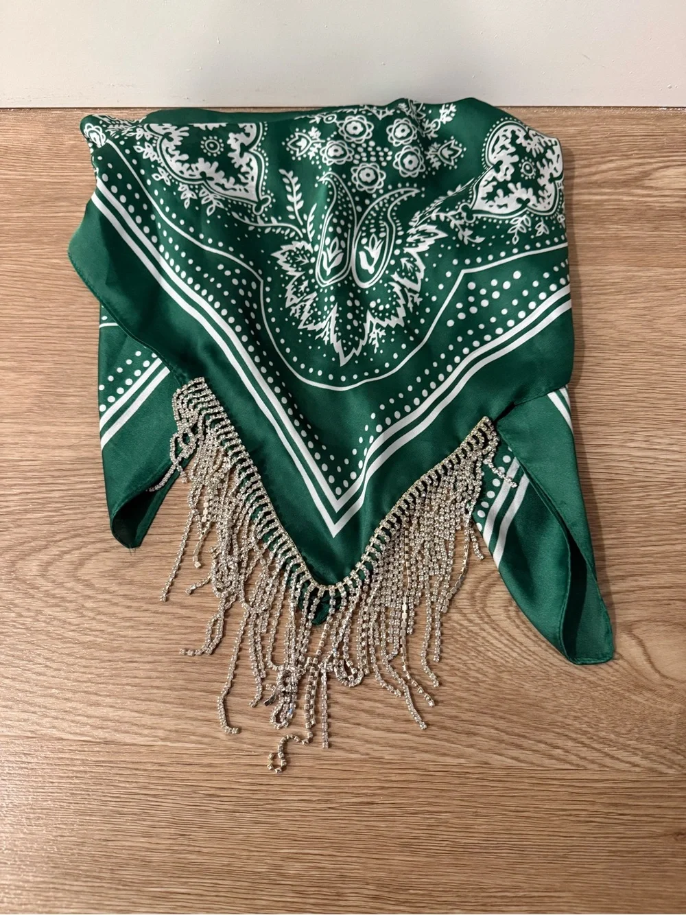 Green Paisley Fringe Silk Scarf